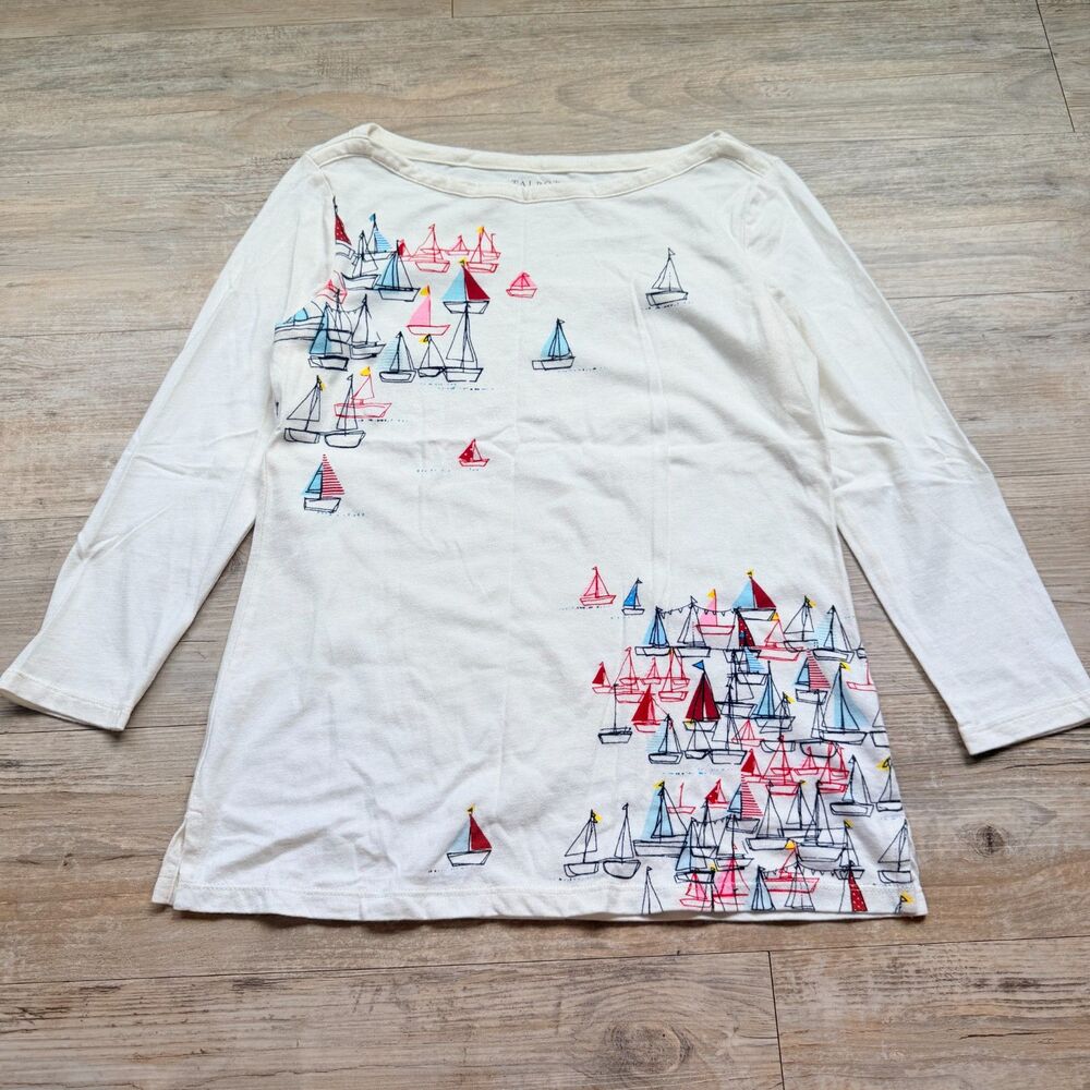 Y2K Whimsical Sailboat Print Top XS White Nautical Coastal Cotton 3/4 Sleeve